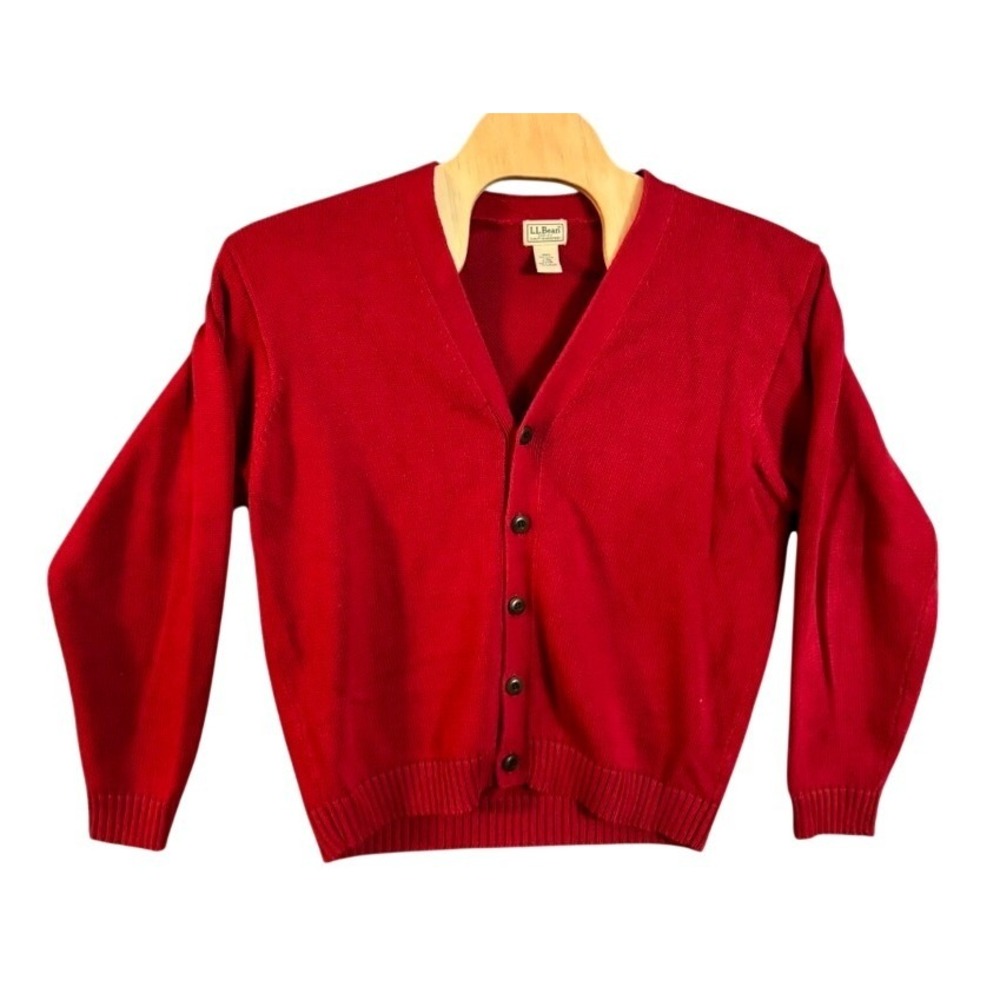 LL Bean Mens Cardigan Sweater Large Red 100% Cotton Button Front V-Neck 0KU38